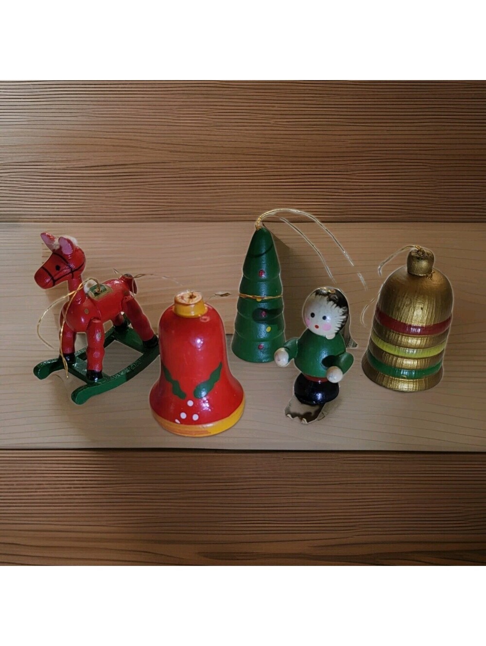 Vtg 1960 Set 5 Christmas Ornament Wood Hand Painted Skier Bells Horse 2" A45